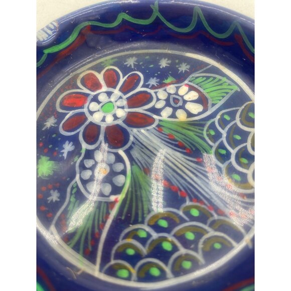 Hand-Painted Vintage Talavera Ceramic Trinket Dish Floral & Peacock Design 4" - Picture 4 of 4